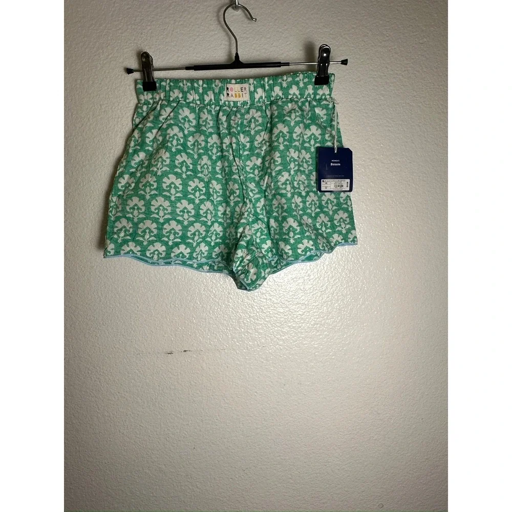 Roller Rabbit Green White Floral Block Print Pajama Boxer Shorts Womens XS NWT